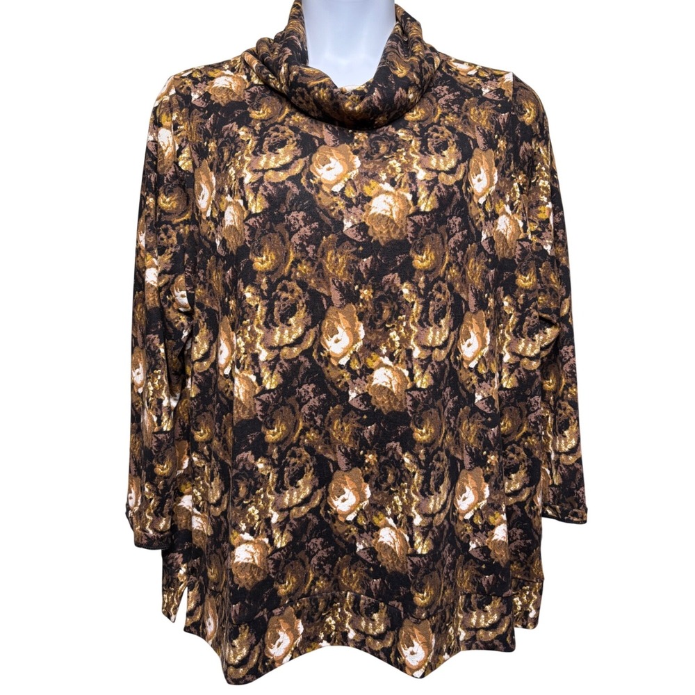 SUSAN GRAVER Womens Brown Floral Cowl Neck Long Sleeve Stretch Top 2X Earth Chic